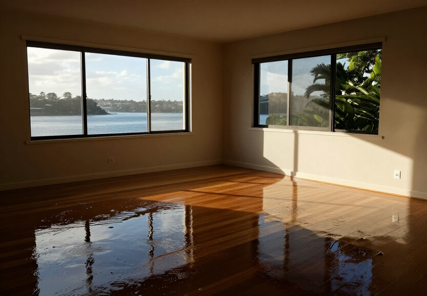 Flood-damaged living room in Rooty Hill before restoration